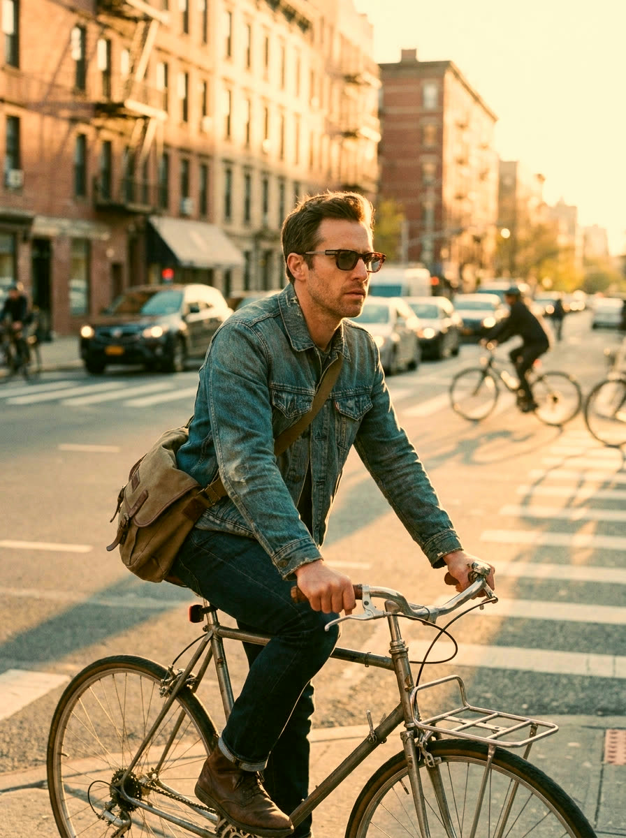 Wearer cycling through the city, phone still in the bag